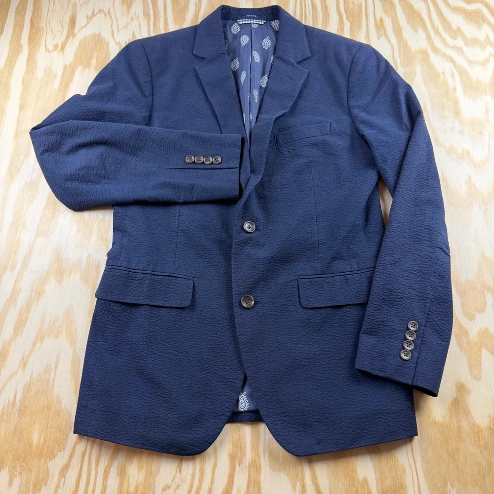 Bonobos Mens 38R Slim Fit Seersucker Blazer Navy Blue Cotton Unconstructed Coat